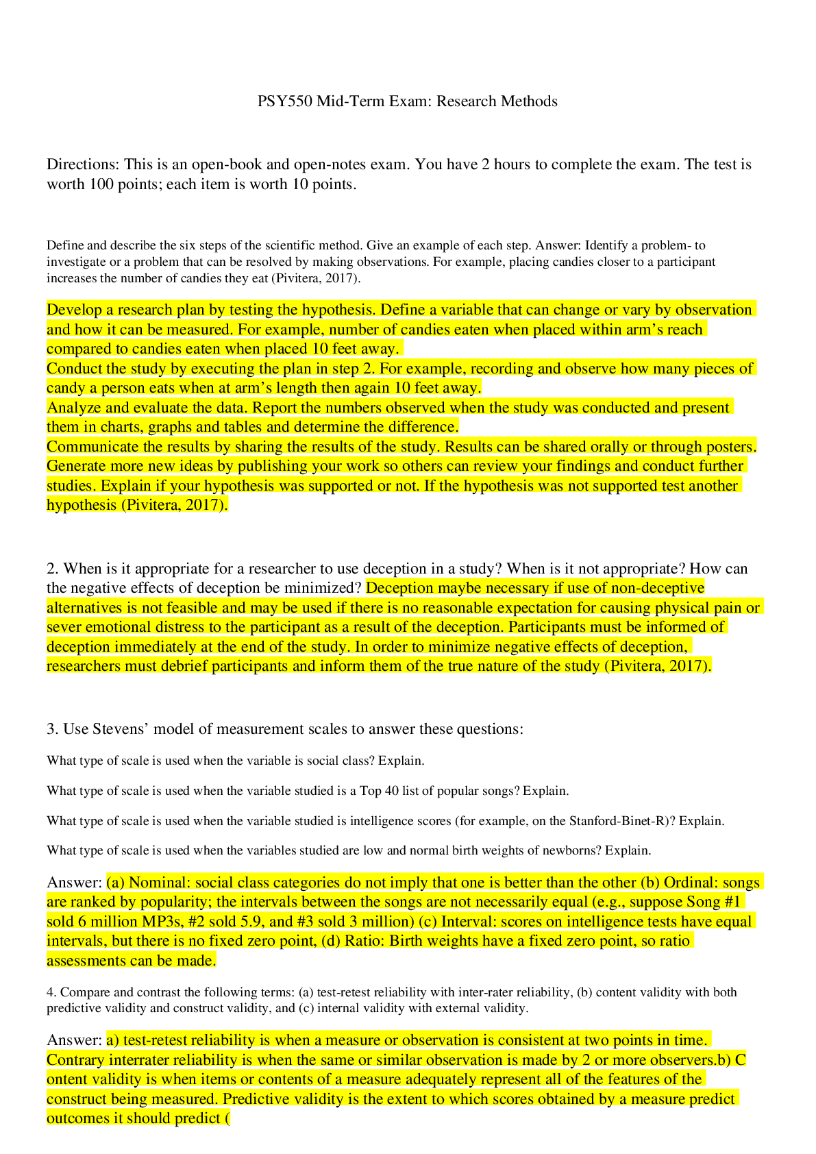 Preview of PSY550 Mid-Term Exam: Research Methods